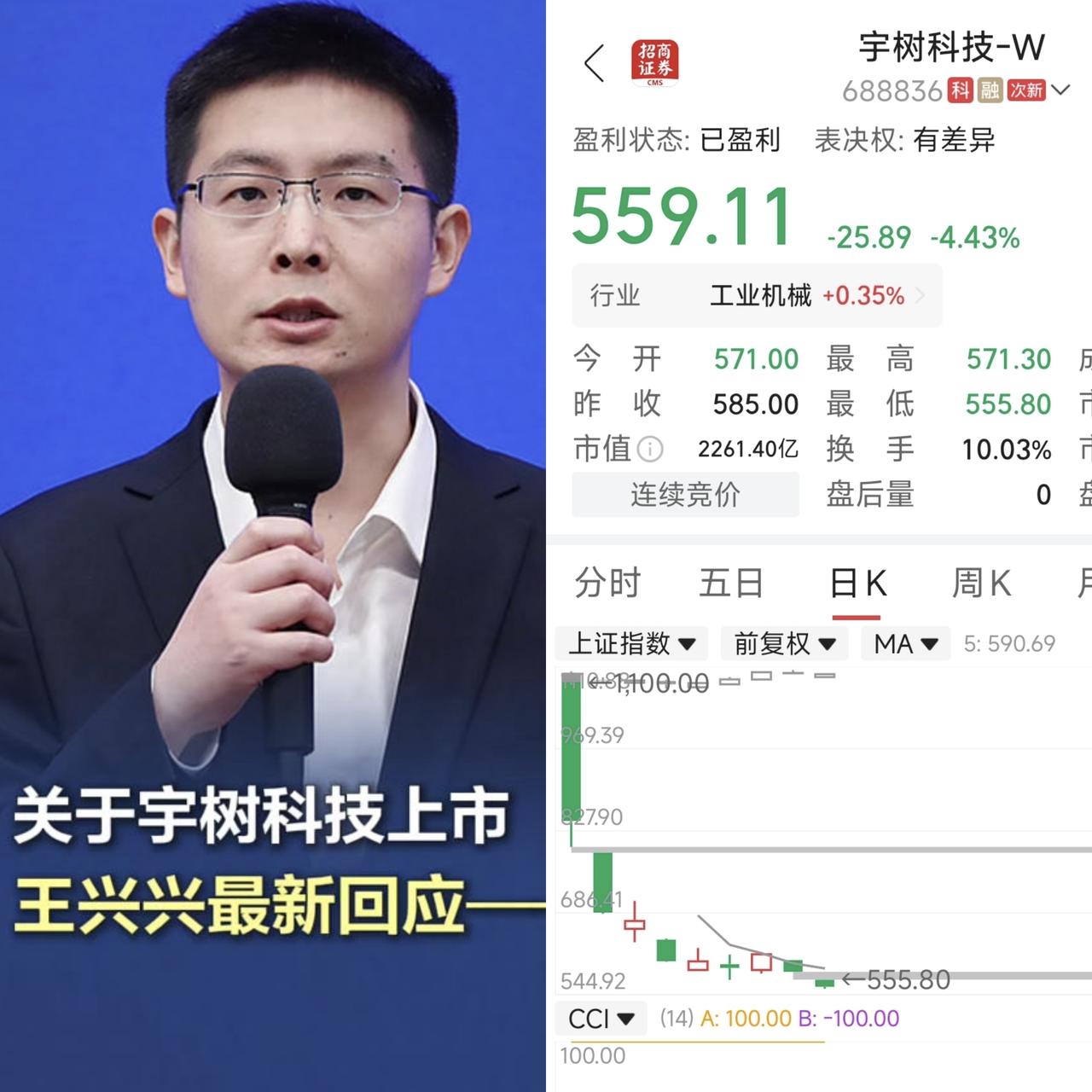 宇树科技股价连续大跌，今天午间收盘价559.11元，下跌25.89元，跌幅4.4