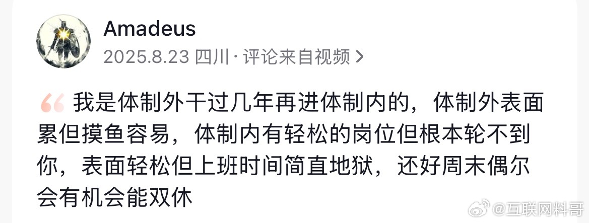 网友对体制内和体制外的认知。体制外：表面很累，摸鱼容易。体制内：轻松岗位轮不到你