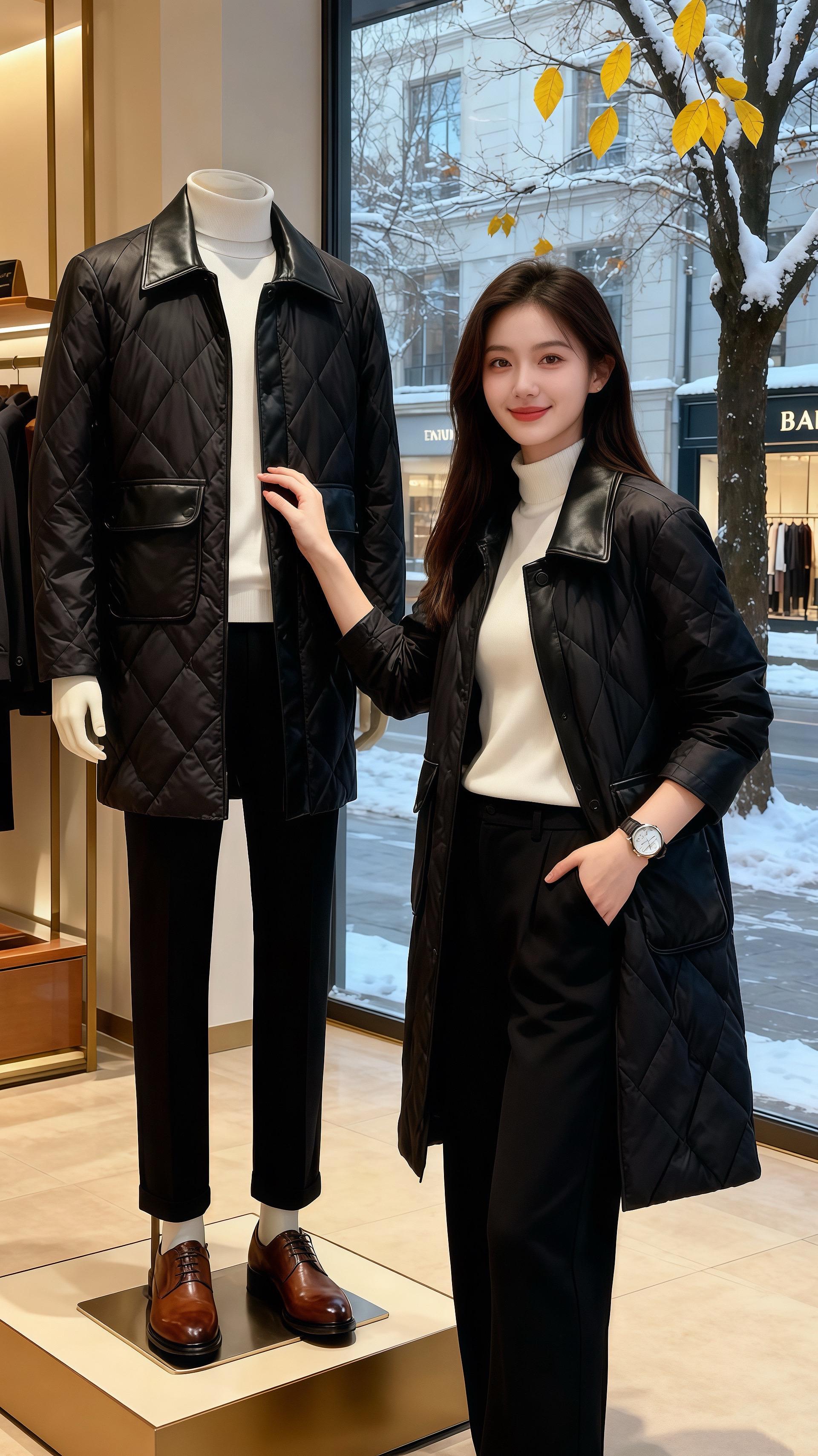 雪粒敲着咖啡馆的玻璃时，许妍正指尖划着手机屏——黑色菱格长款羽绒服的皮...