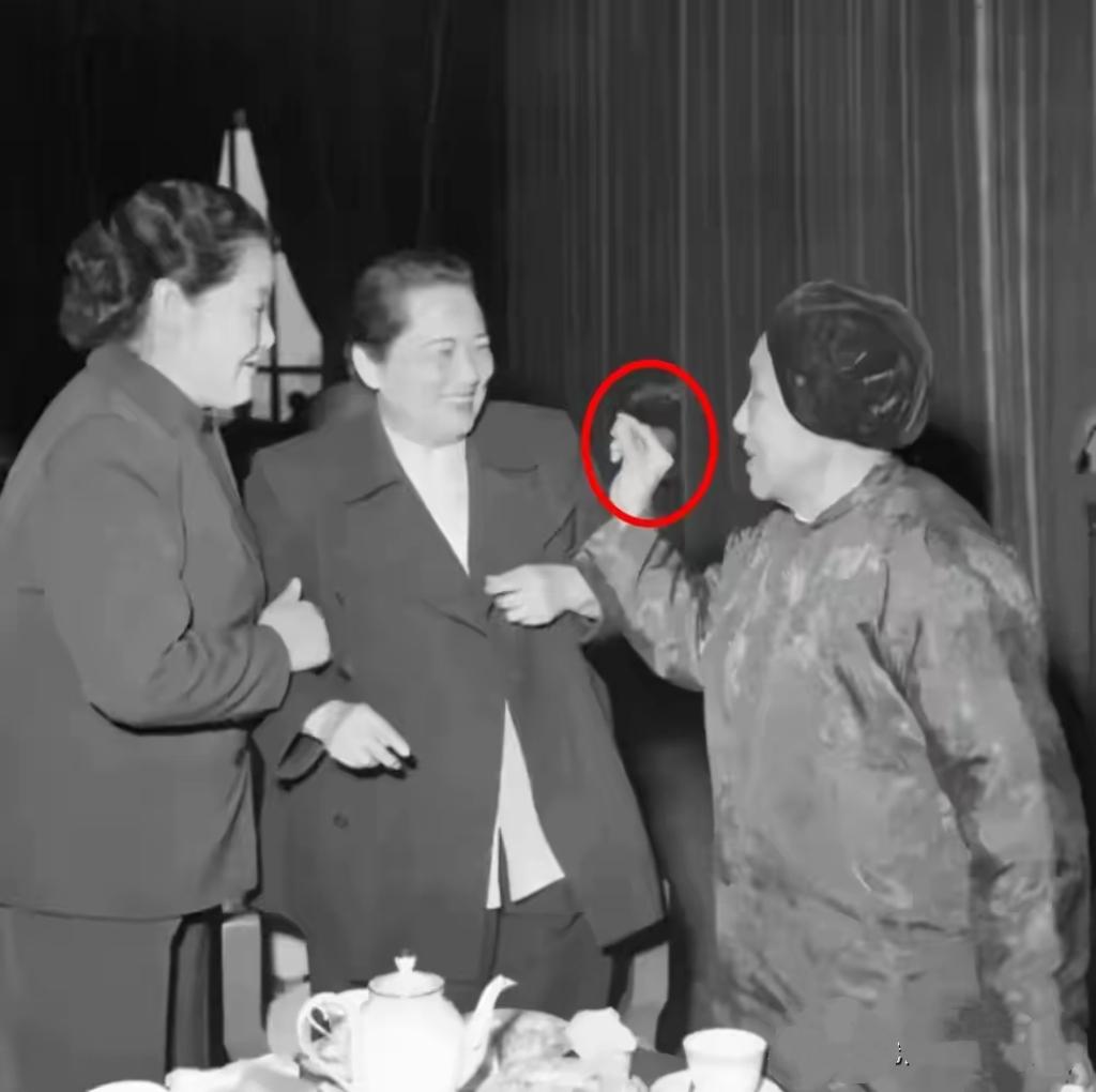 宋庆龄在何香凝面前笑得像个小妹妹，何香凝一身老太太的打扮，画面温馨感人。

画面