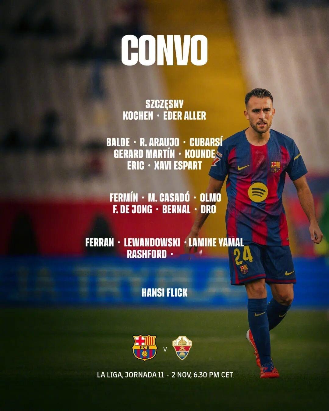 巴萨vs埃尔切 大名单❌特尔施特根、加维、佩德里、拉菲尼亚、乔安·加西亚、克里斯