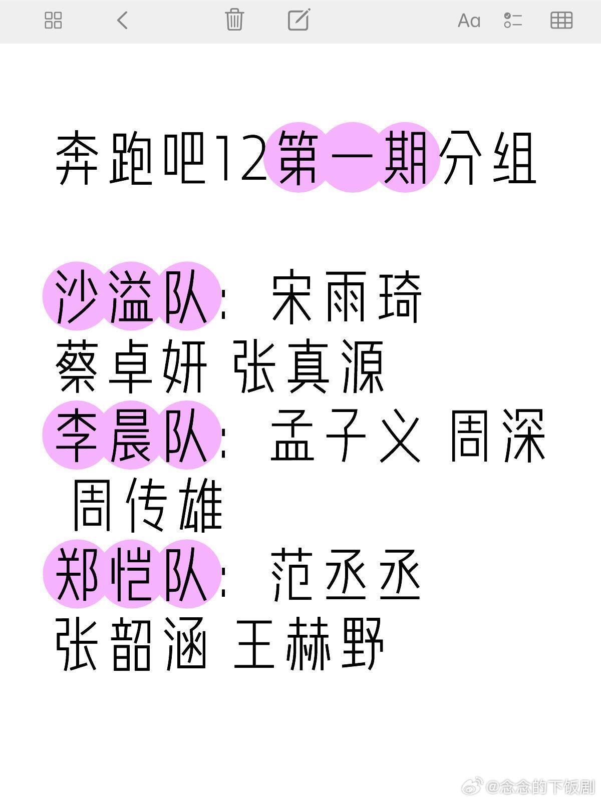 奔跑吧[超话]奔跑吧12第一期分组 沙溢队：宋雨琦 蔡卓妍 张真源李晨队：孟子义