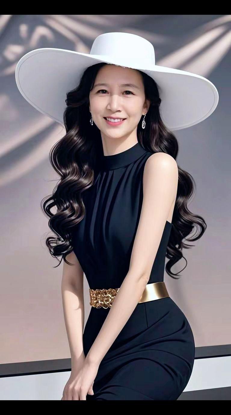 夜幕低垂，黑色长裙如墨般流淌，仿佛是夜色中的一抹剪影。卷发如波浪般起伏，诉说着无