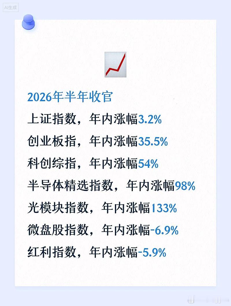2026年半年收官上证指数，年内涨幅3.2%创业板指，年内涨幅35.5%科创综指