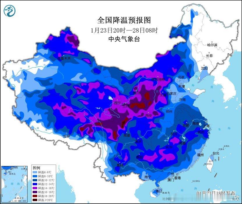 【寒潮】今晚中央气象台继续发布寒潮预警，未来到27日，我国大部地区气温将下降8-