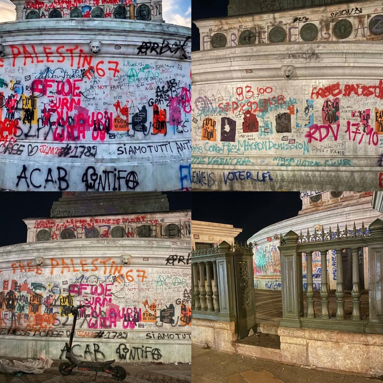 巴黎巴士底广场，七月纪念柱被反法西斯主义者和穆斯林涂鸦破坏，简直就是一种讽刺。