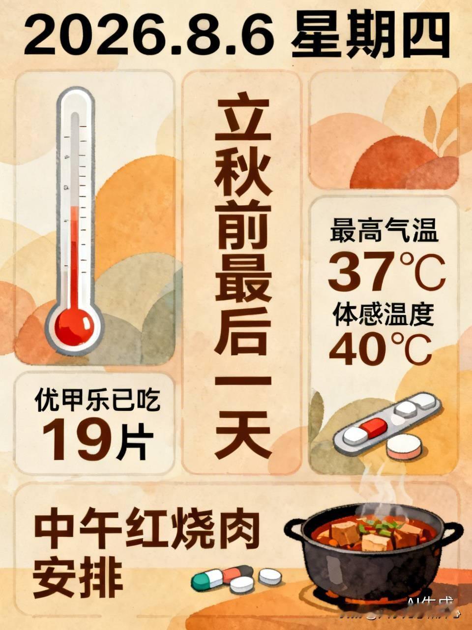 2026.8.6星期四
（5：00吃了一片优甲乐，本板已经吃了19片了。）
今天