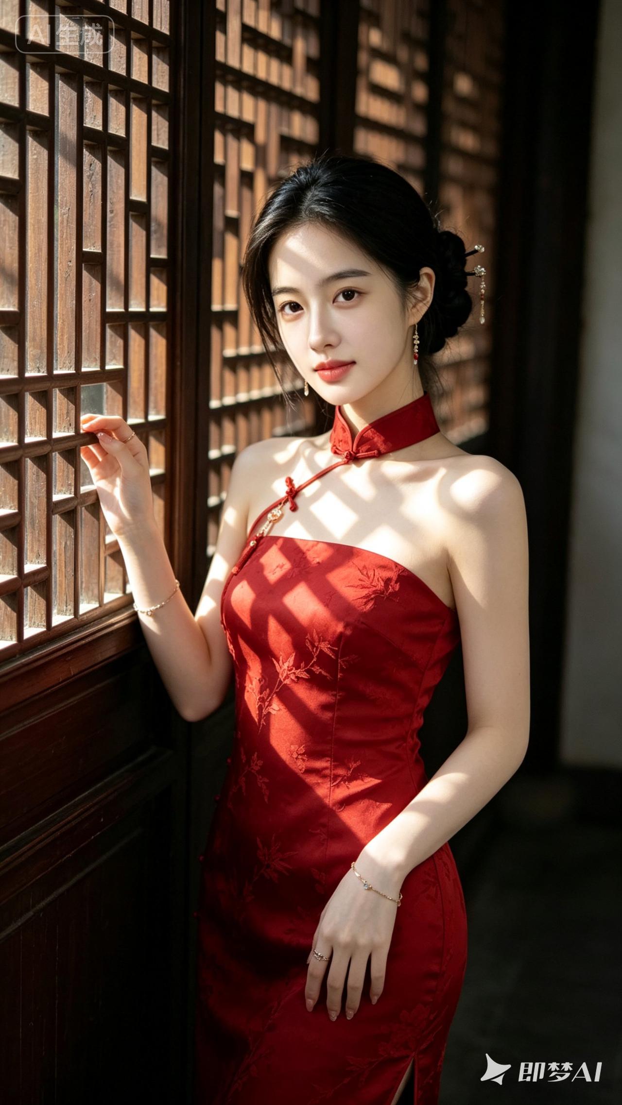 穿红裙子的姑娘靠在窗边。