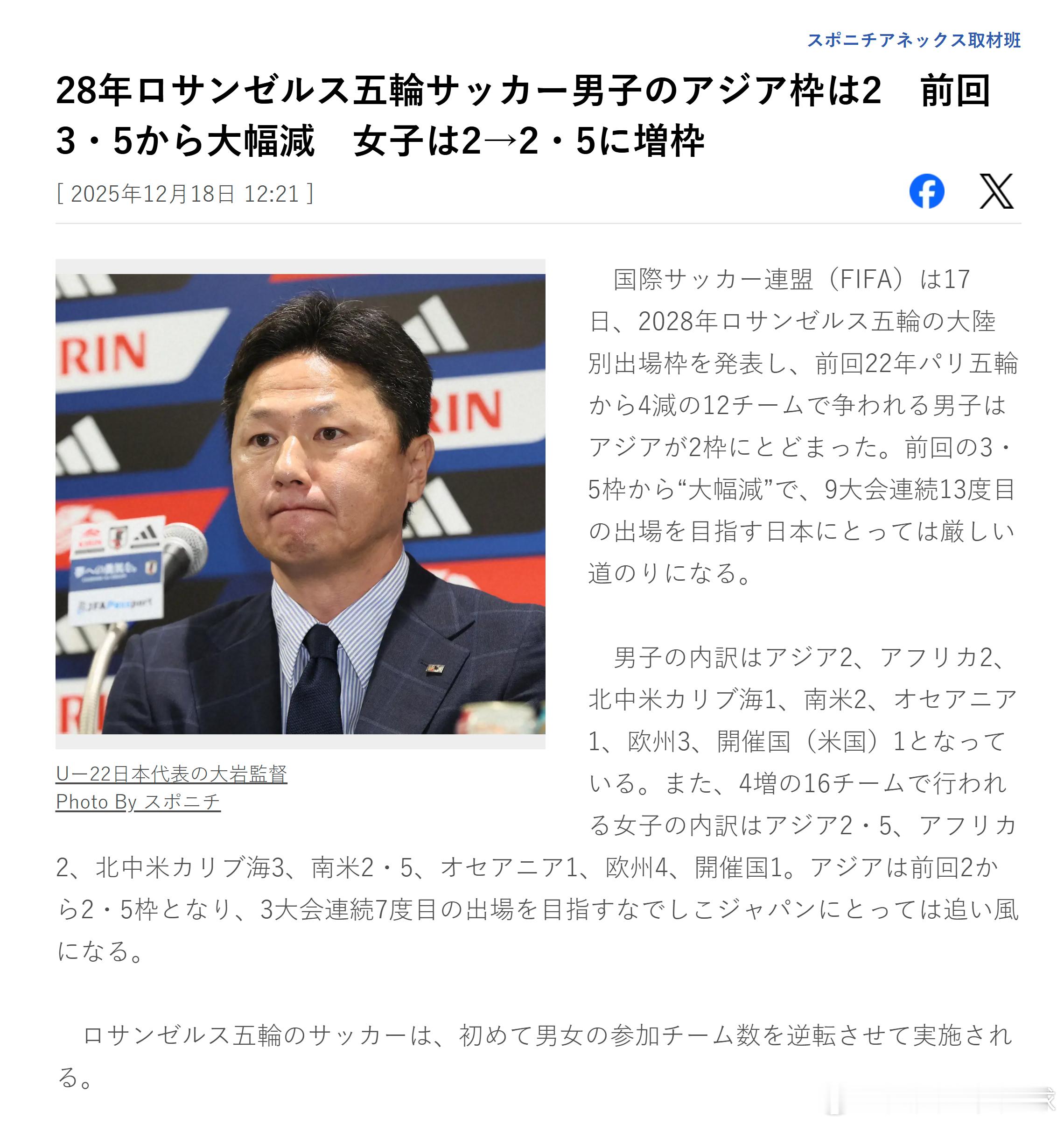 【2028年洛杉矶奥运会男足亚洲名额降至2个、较上届3.5个大幅缩水、女足名额由