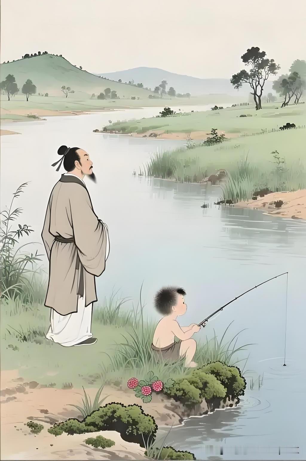 《小儿垂钓》
——唐·胡令能
蓬头稚子学垂纶，
侧坐莓苔草映身。
路人借问遥招手