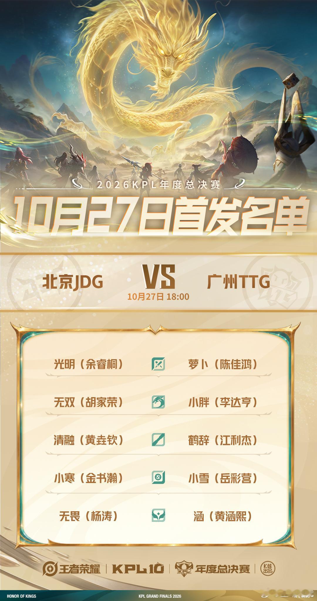 2026KPL年度总决赛 淘汰赛D1【首发名单】送达 ！18:00 北京JDG 