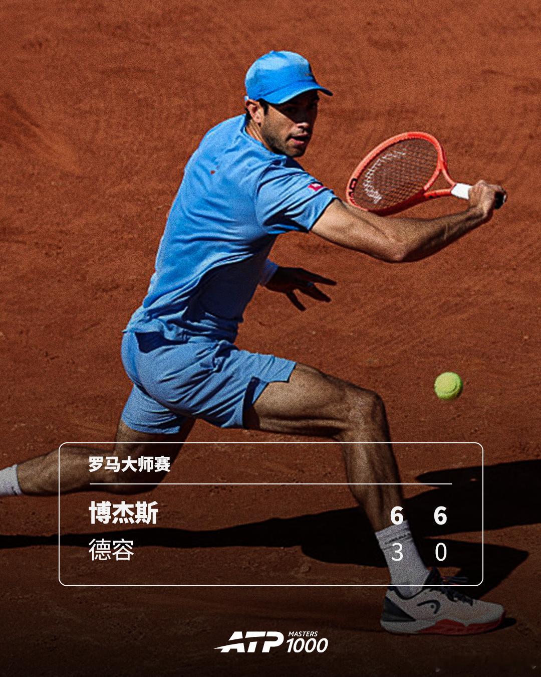 ATP1000 罗马大师赛首轮，葡萄牙好手博杰斯以6-3 6-0横扫从资格赛突围