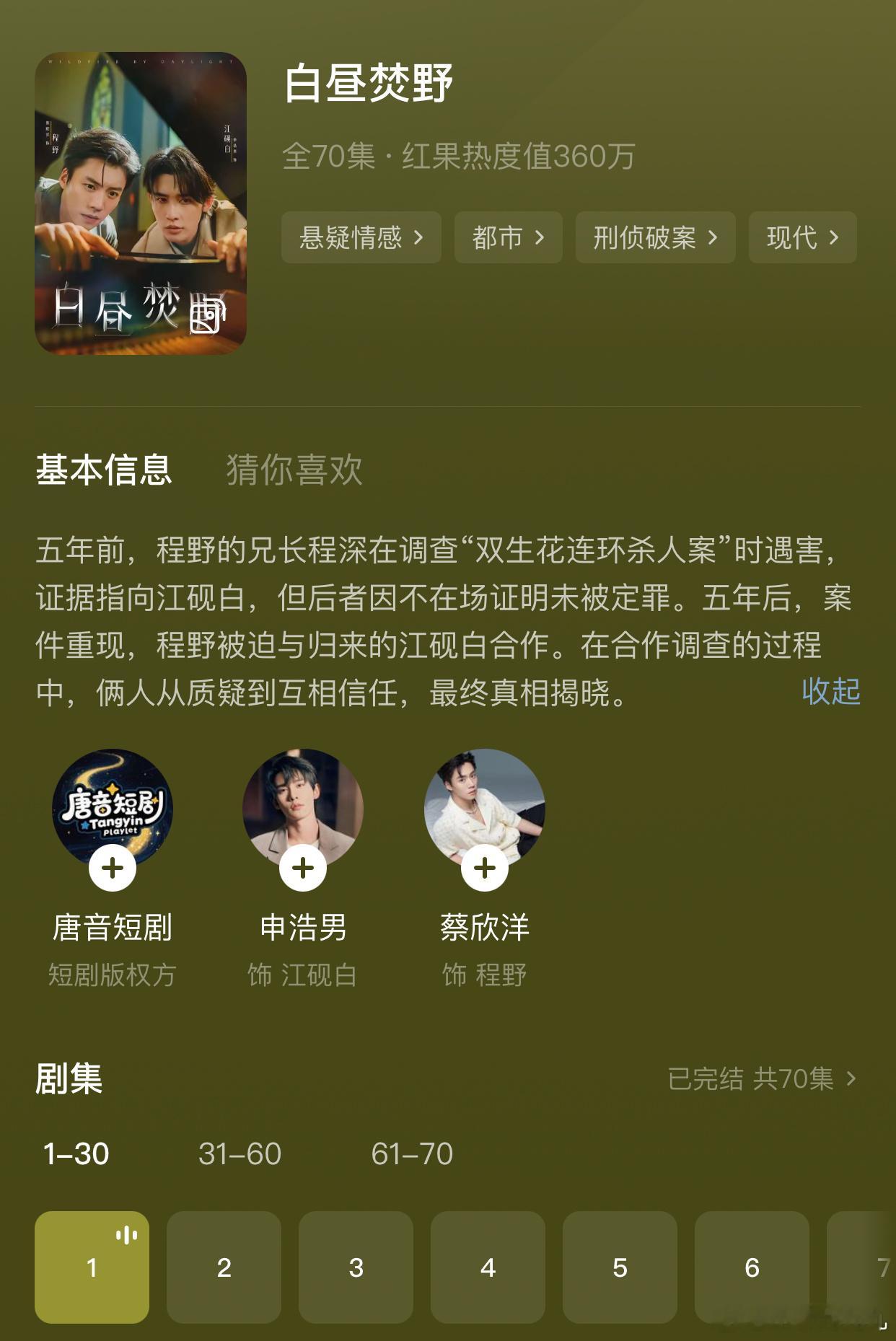 申浩男蔡欣洋的双男主竖短《白昼焚野》上线了，对，就是那个说预约🈵100w才上线