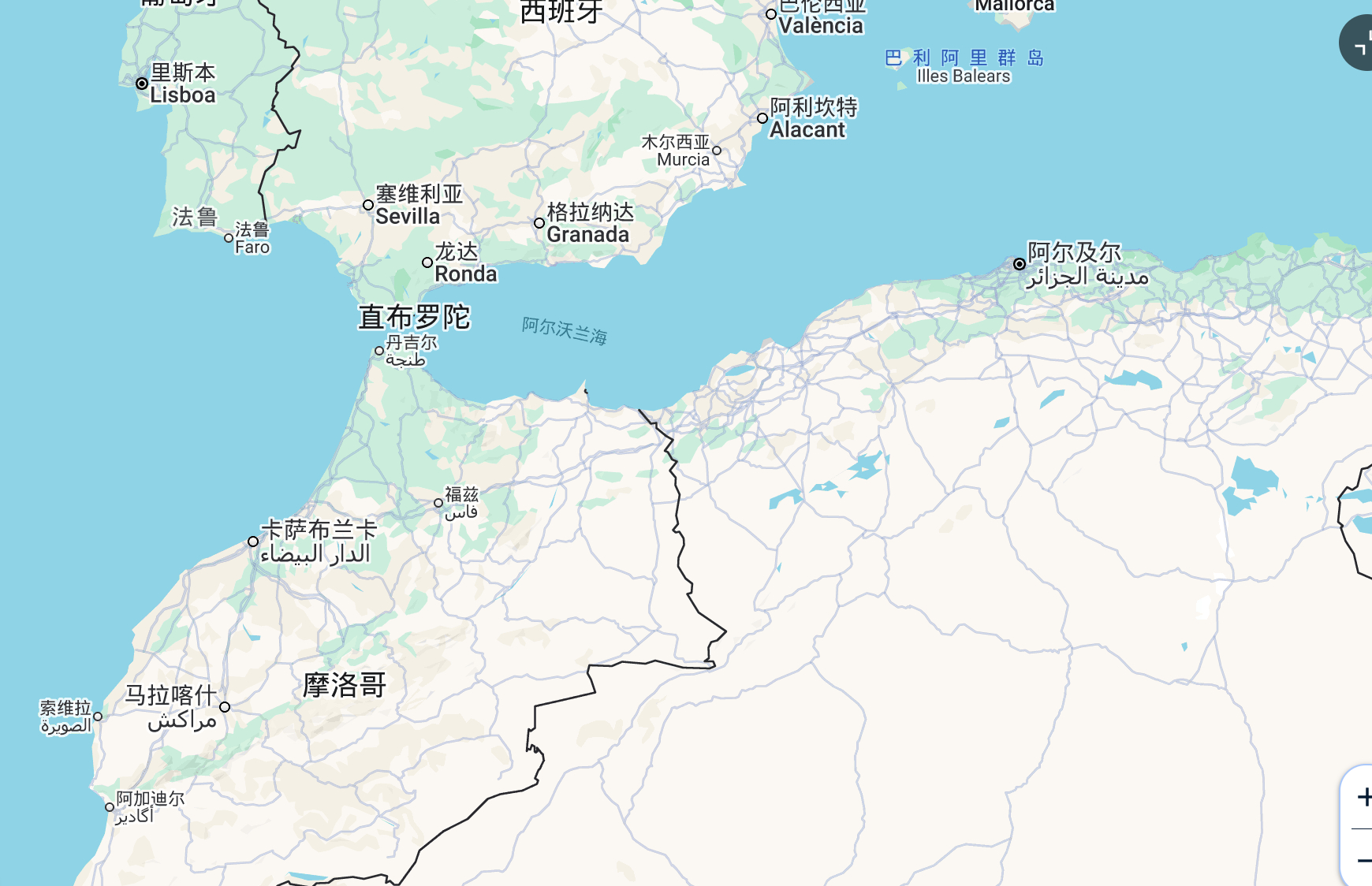 西班牙的安达卢西亚以南、直布罗陀海峡对面的摩洛哥。 卡萨布兰卡在摩洛哥。 