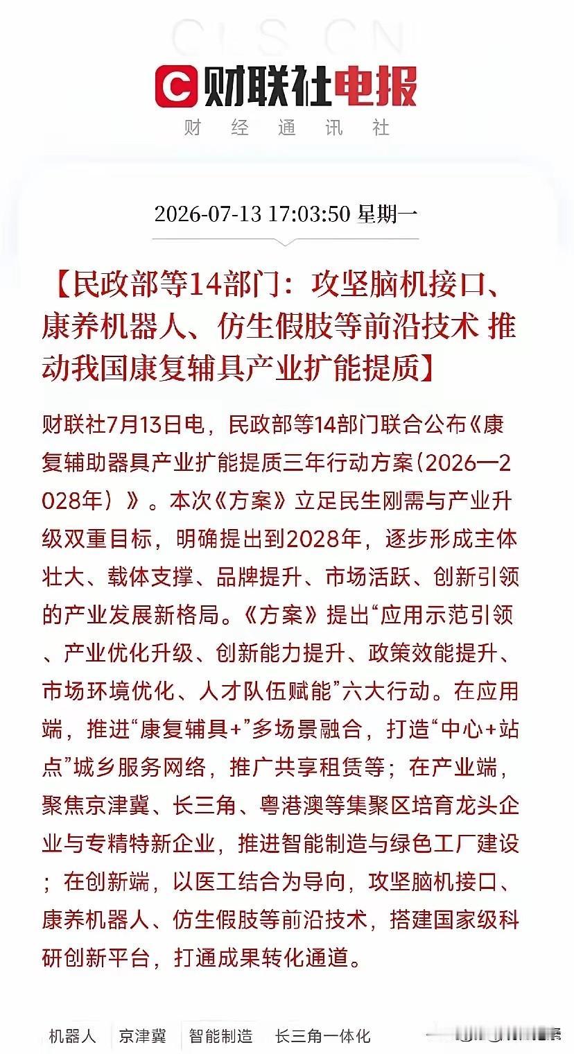重磅政策助力：可以适当关注脑机接口康养机器人等赛道

昨日盘后，民政部等14部门