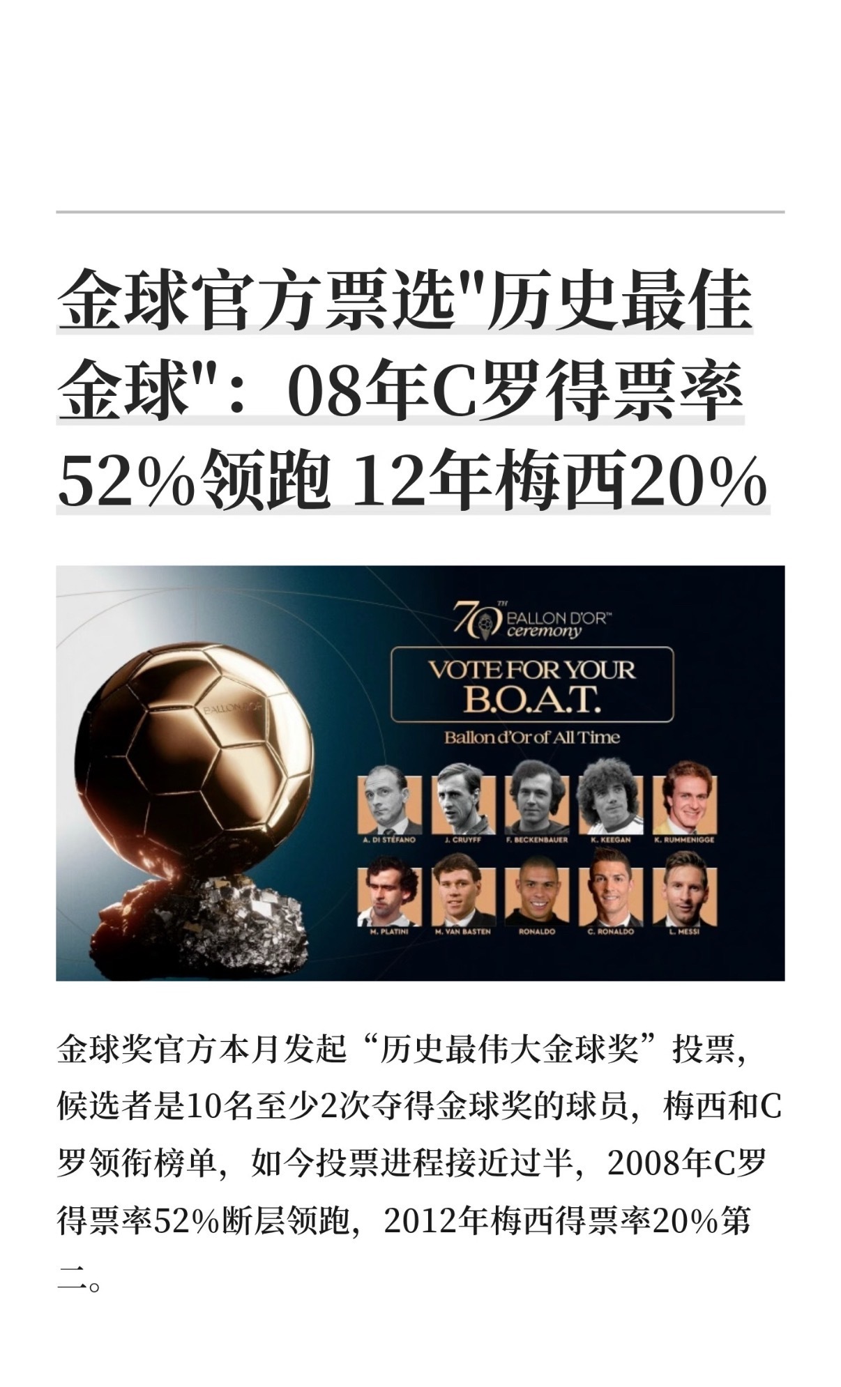 ⚽金球奖官方开启“历史最伟大金球奖”特别投票，候选人是10位至少2次斩获金球奖的