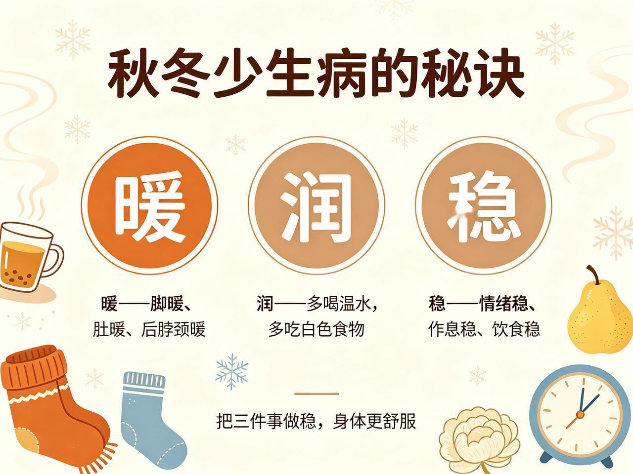 秋冬少生病的秘诀，就3个字：暖、润、稳。

暖——脚暖、肚暖、后脖颈暖
润——多