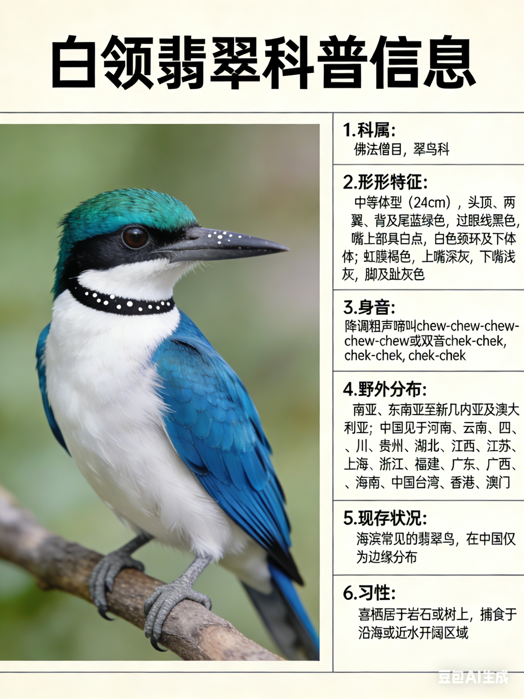 鸟类朋友图鉴 白领翡翠·科属：佛法僧目，翠鸟科。·外形特征：中等体型（24cm）