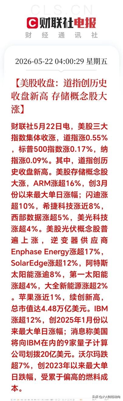 大家早上好！
今天A股稳了。

昨晚美股深夜，三大指数全线收红，存储芯片狂飙，龙