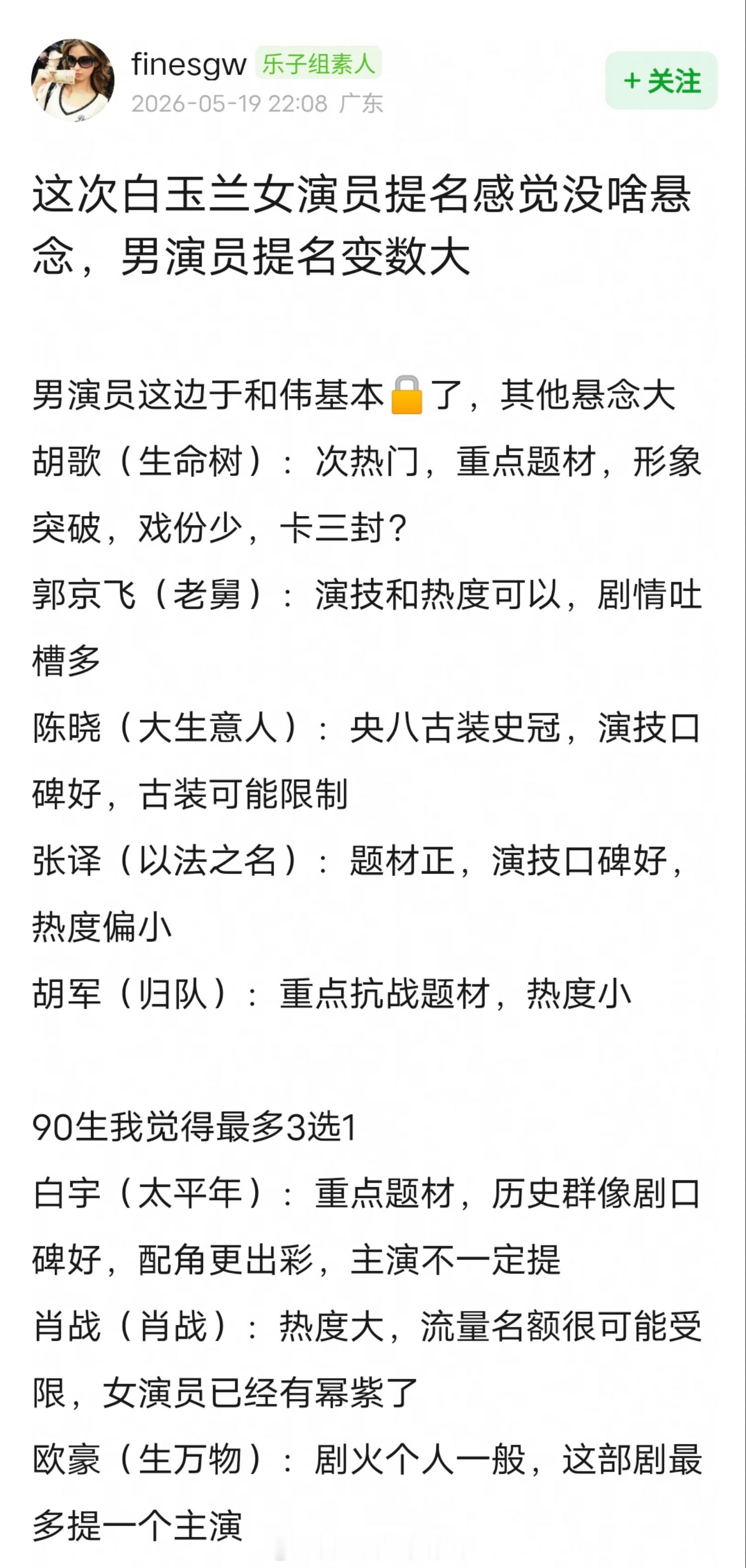 网友说白玉兰男主提名变数大，于和伟必提，胡歌次热门，肖战白宇欧豪90生三选一白玉