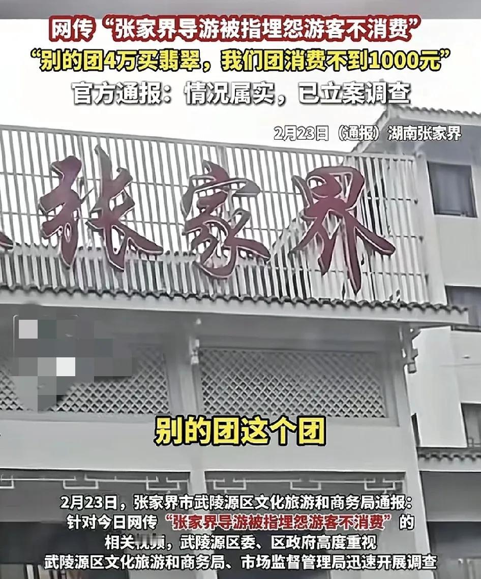 2月23日，湖南张家界一名导游被指因为团内的游客消费不足1000元在车上发表不当