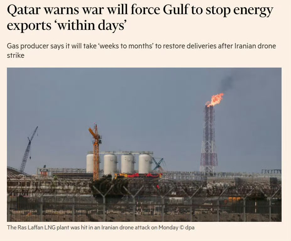 卡塔尔警告称，如果伊朗战争持续数周，海湾国家可能被迫停止能源出口，或将推动油价达