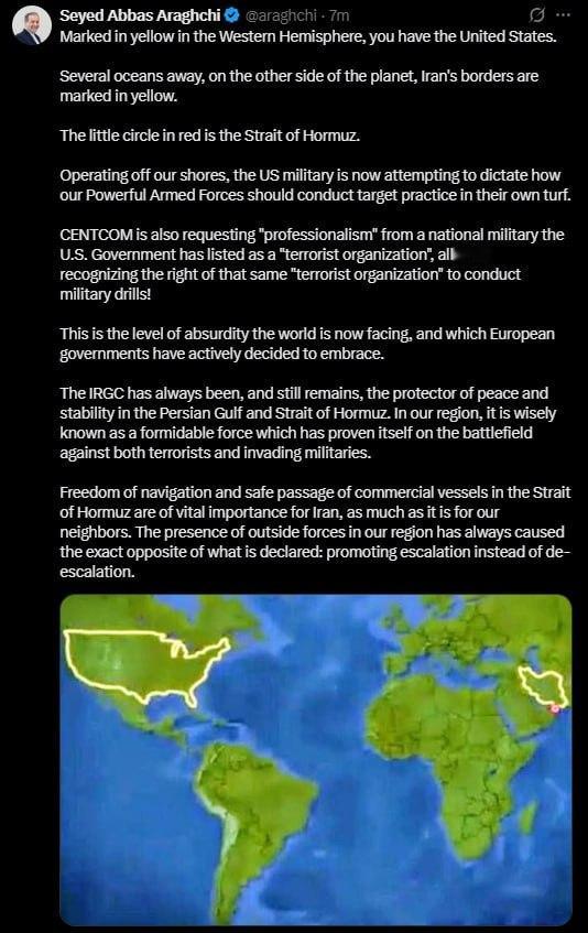 伊朗外交部长阿巴斯·阿拉格齐：在西半球，用黄色标注的是美国。在地球另一端，相隔数