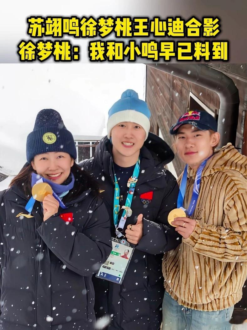徐梦桃这张照片含金量超高和三人昨天的合影，现在是三位奥运冠军了，含金量超高。 