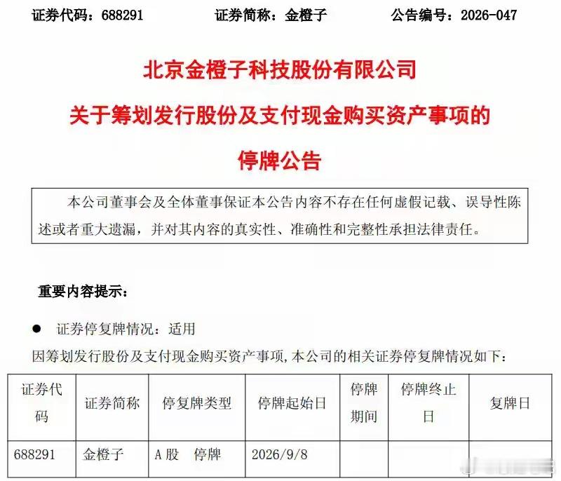 9月7日，金橙子(688291)公告称，公司正在筹划以发行股份及支付现金的方式购