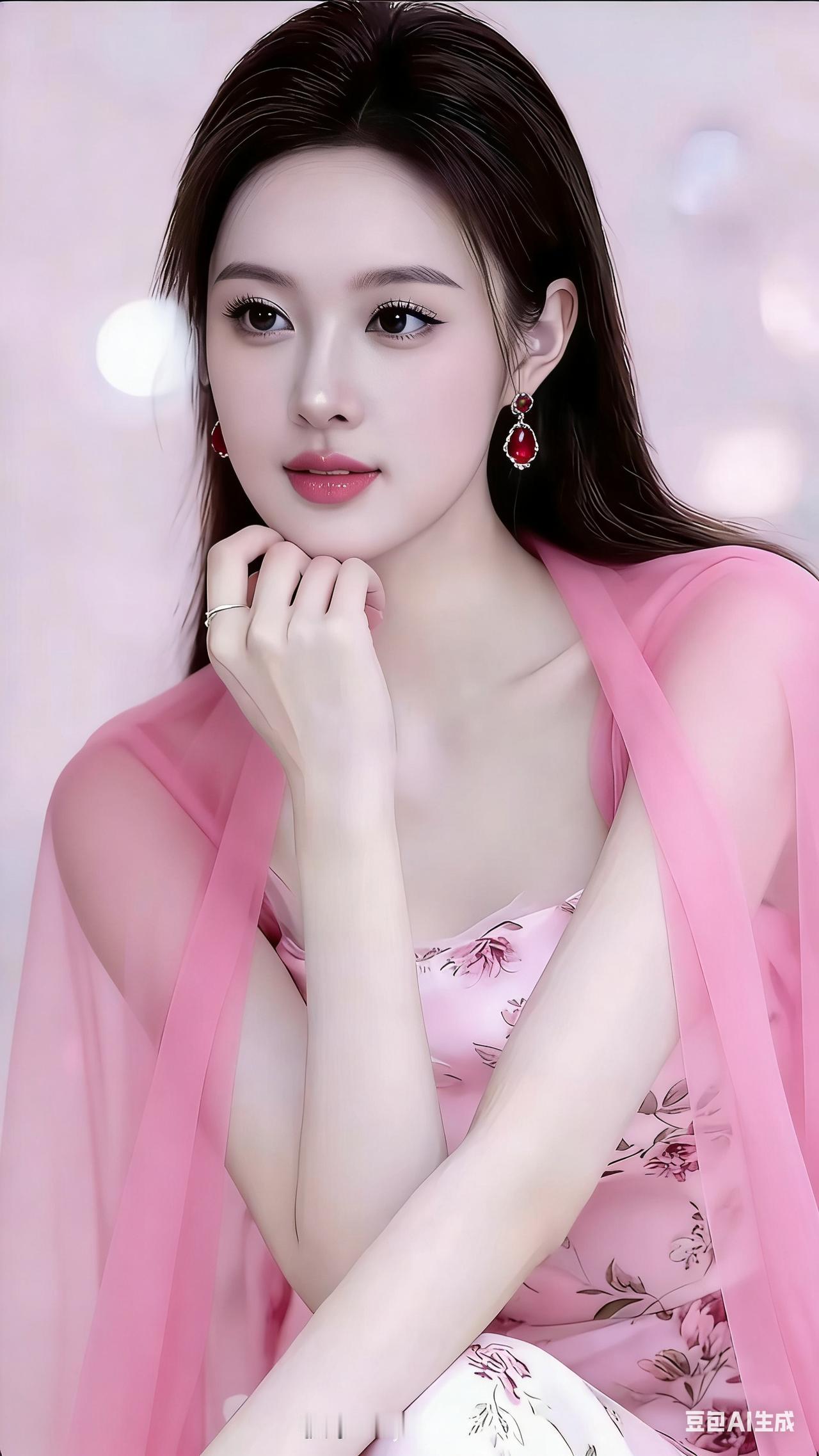 这位女士穿着粉色长裙，神情温柔，玉颜映春光。