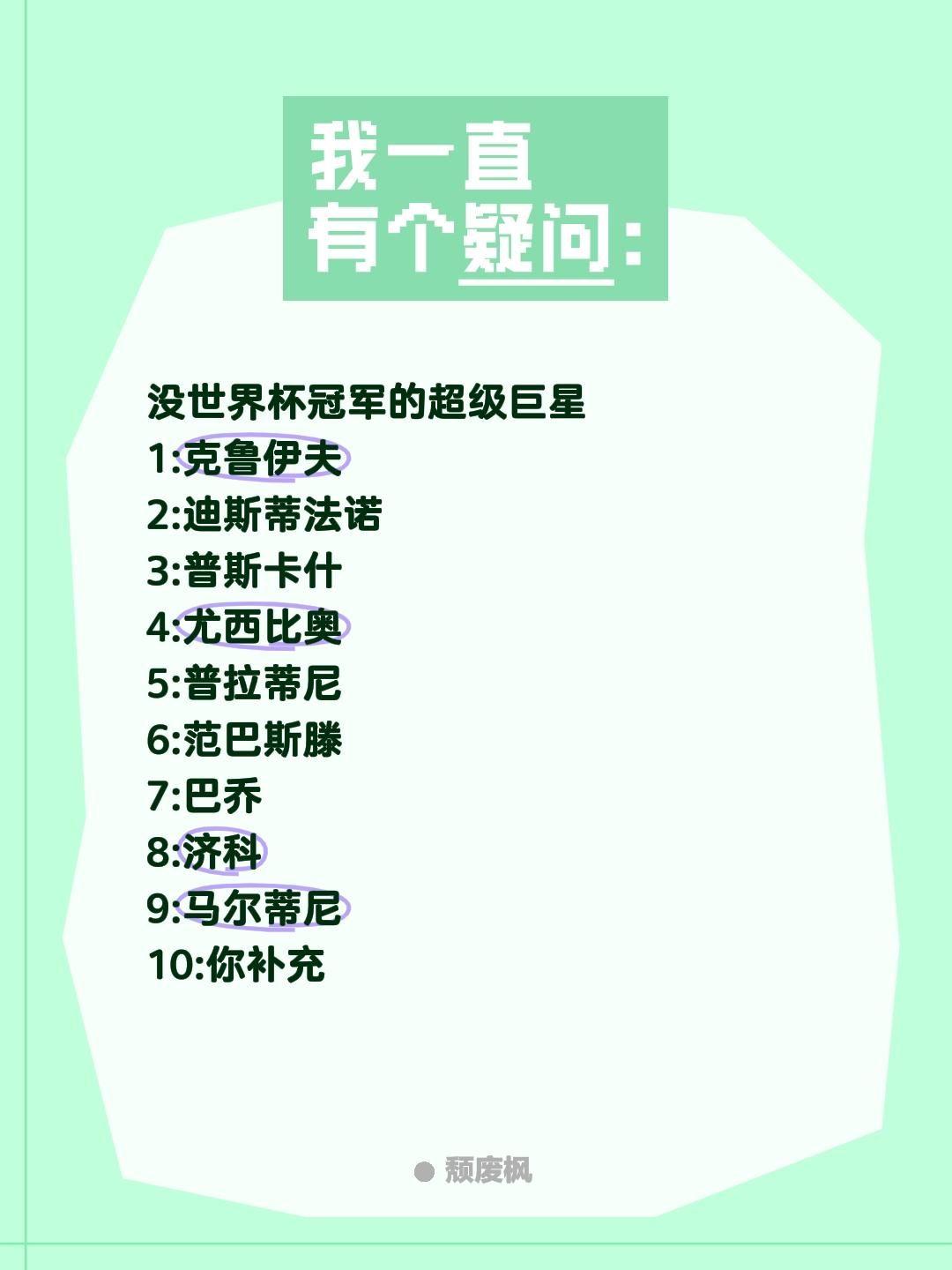 没世界杯冠军的十大球星
你认为是哪十位?
1:克鲁伊夫
2:迪斯蒂法诺
3:普斯