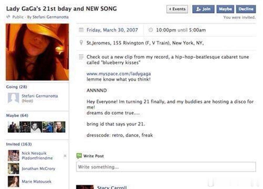 Lady Gaga 2007年未成名时的 Facebook 页面 