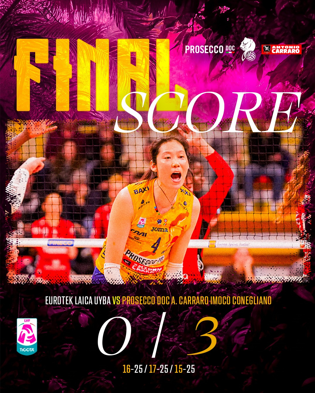 恭喜朱婷（13分），恭喜科内利亚诺两回合2比0顺利晋级意甲四强，接下来对阵诺瓦拉