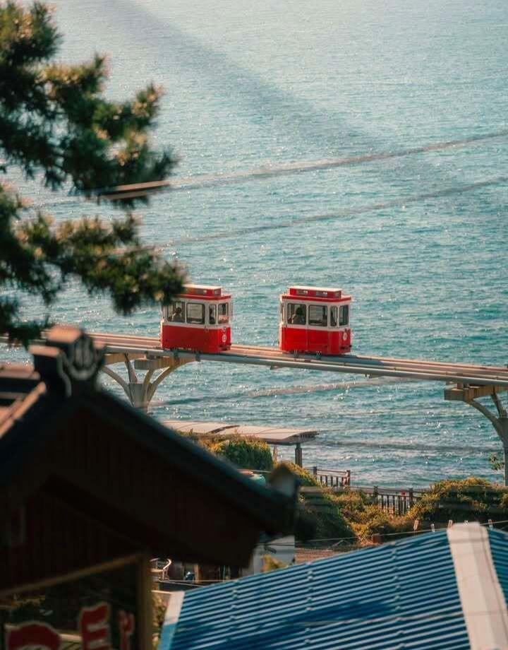 🚠海面上的红色轨迹，是移动的风景还是凝固的时间？两列车厢相向而行，却在同一轨道
