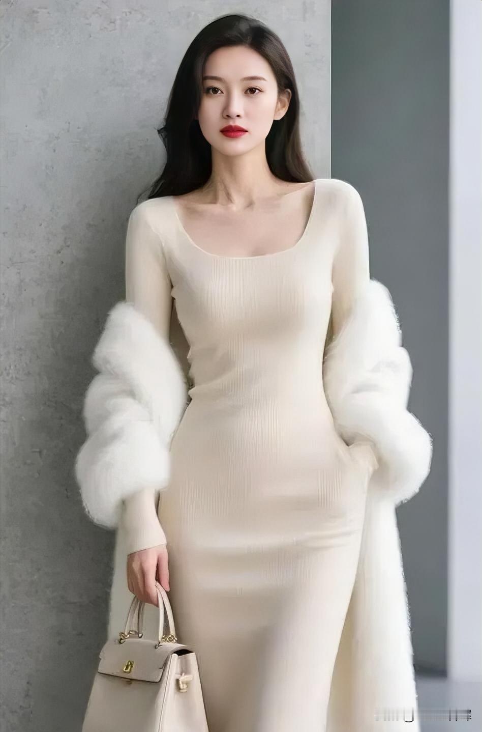 米白如晨雾，温柔裹住身形。

方领轻启，锁骨藏着静谧诗行。

毛绒袖口，蓬松如云