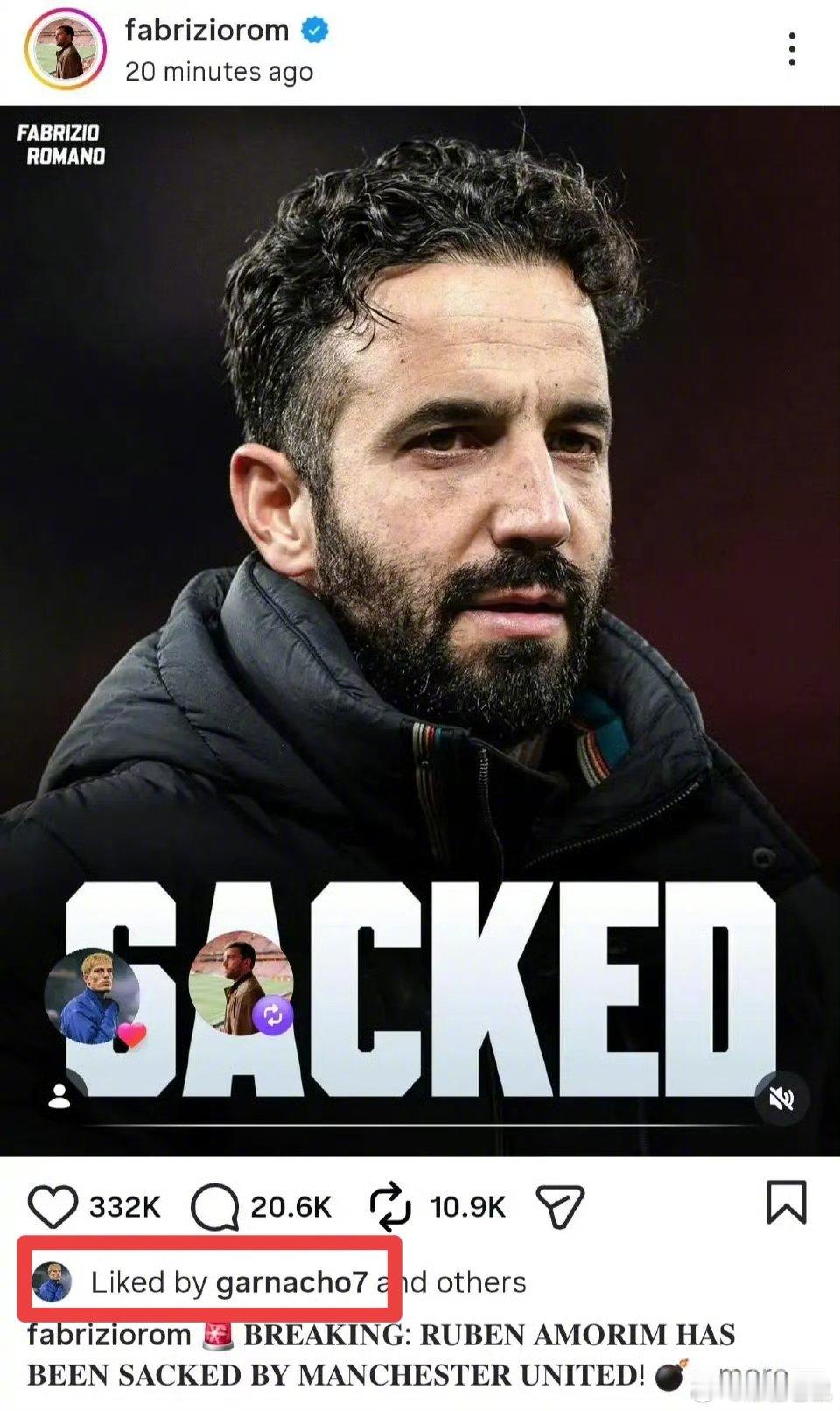 【阿莫林被解雇 ，夏窗转会到切尔西的加纳乔点赞相关帖子！】英超