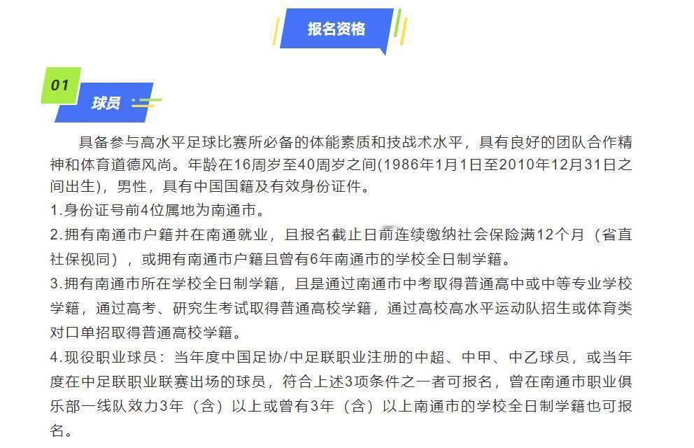 明年苏超南通队招募条件出炉，球员要求和其他12市是一样的，可以确定主要来自南通海