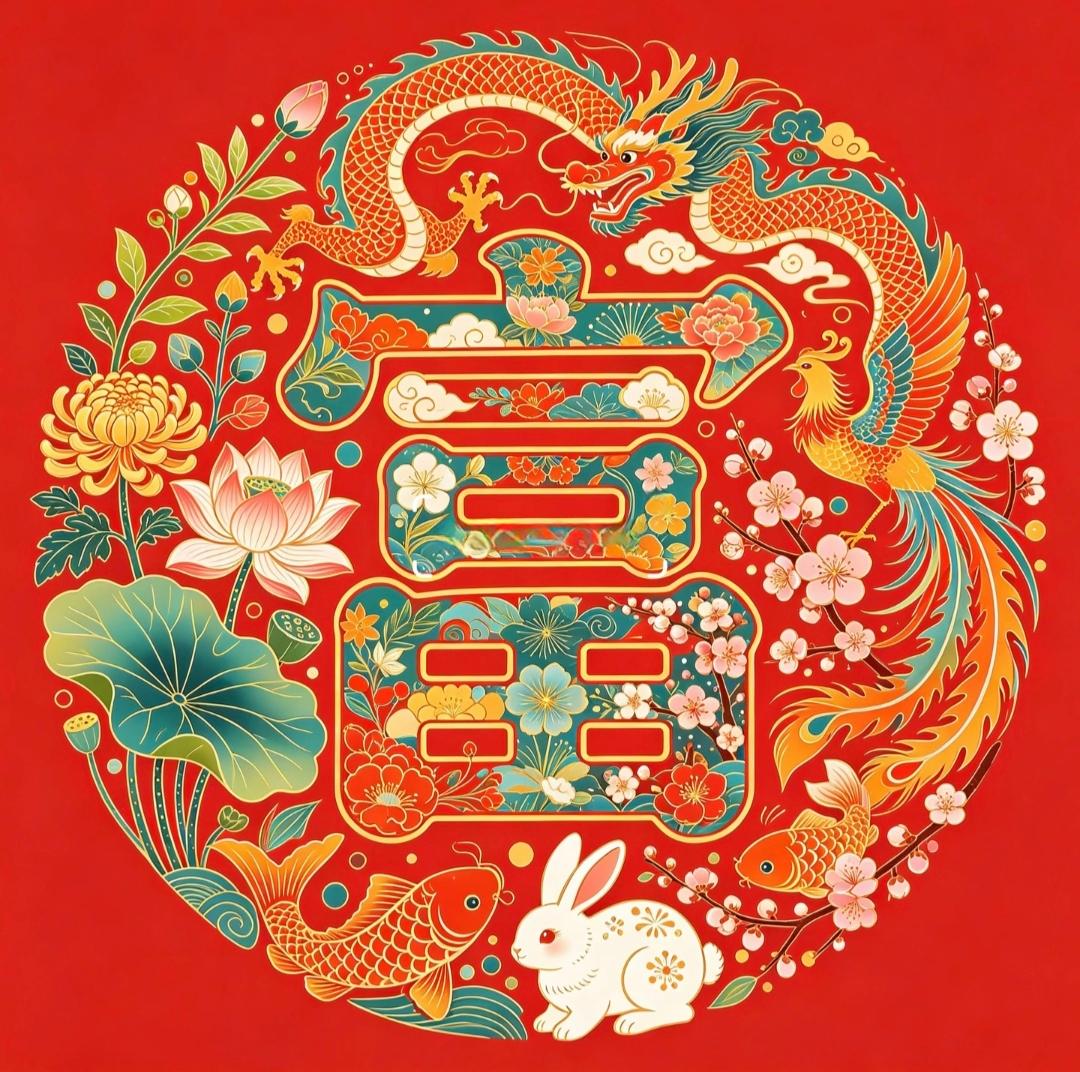 ​龙凤呈祥瑞气盈，繁华锦鲤伴福兔；红火日子正当时，好运盈门满庭芳。传统文化 传递