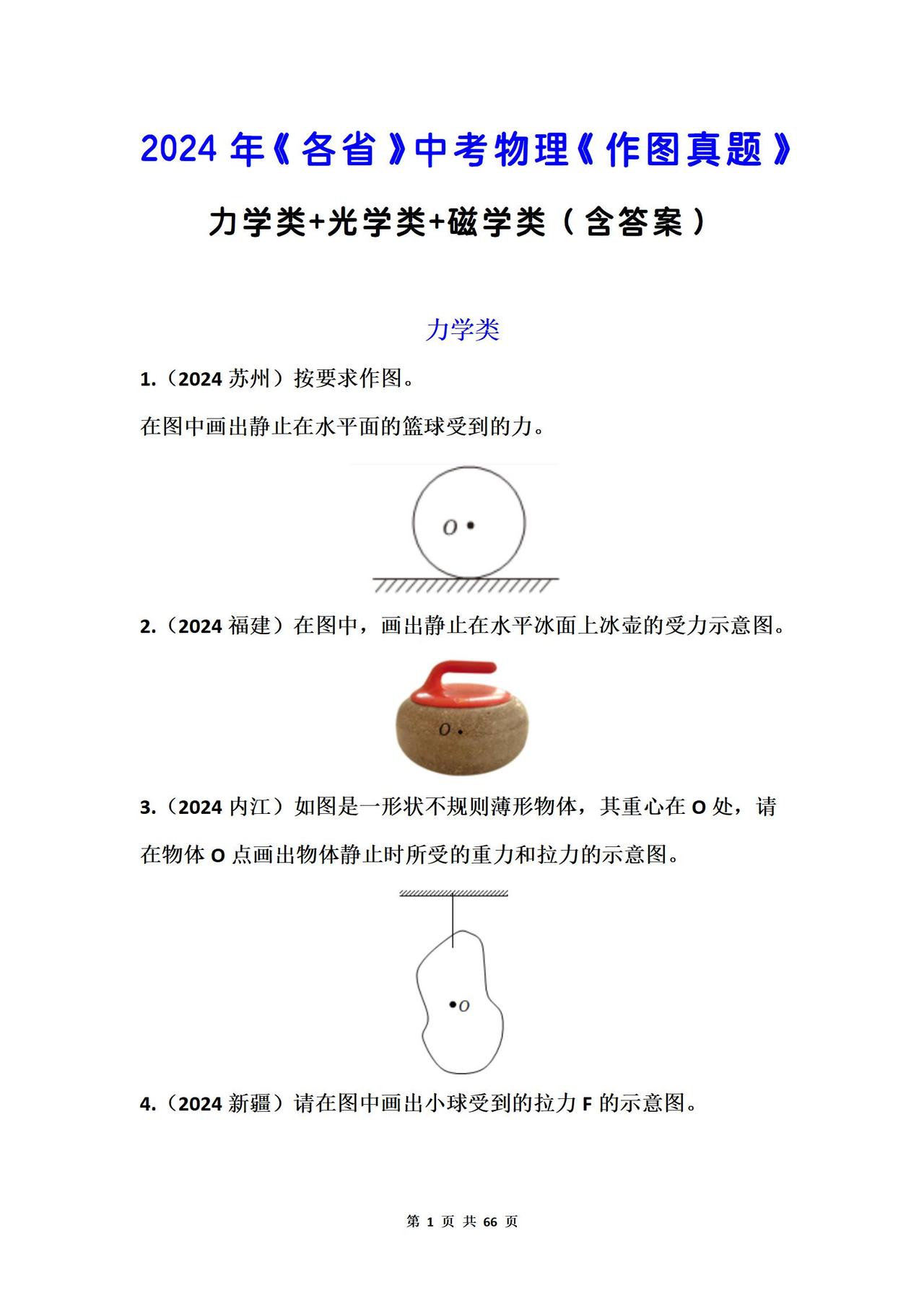 24年《各省》中考物理【作图真题】力学类+光学类+磁学类，含答案