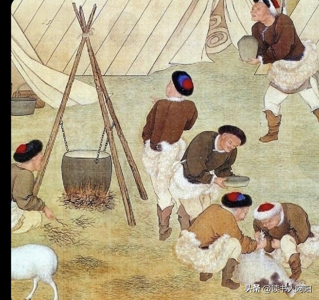 清朝古画中的一个片段！
八旗军队士兵刷锅宰羊，准备做早饭！看这锅的造型，这不会就