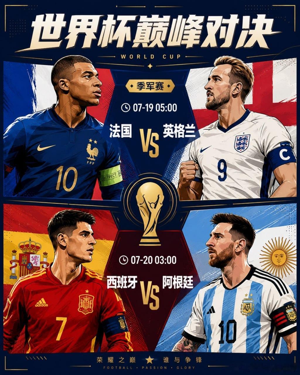 世界杯收官之夜，两场大战连续上演。07-19 05:00法国 VS 英格兰无缘决