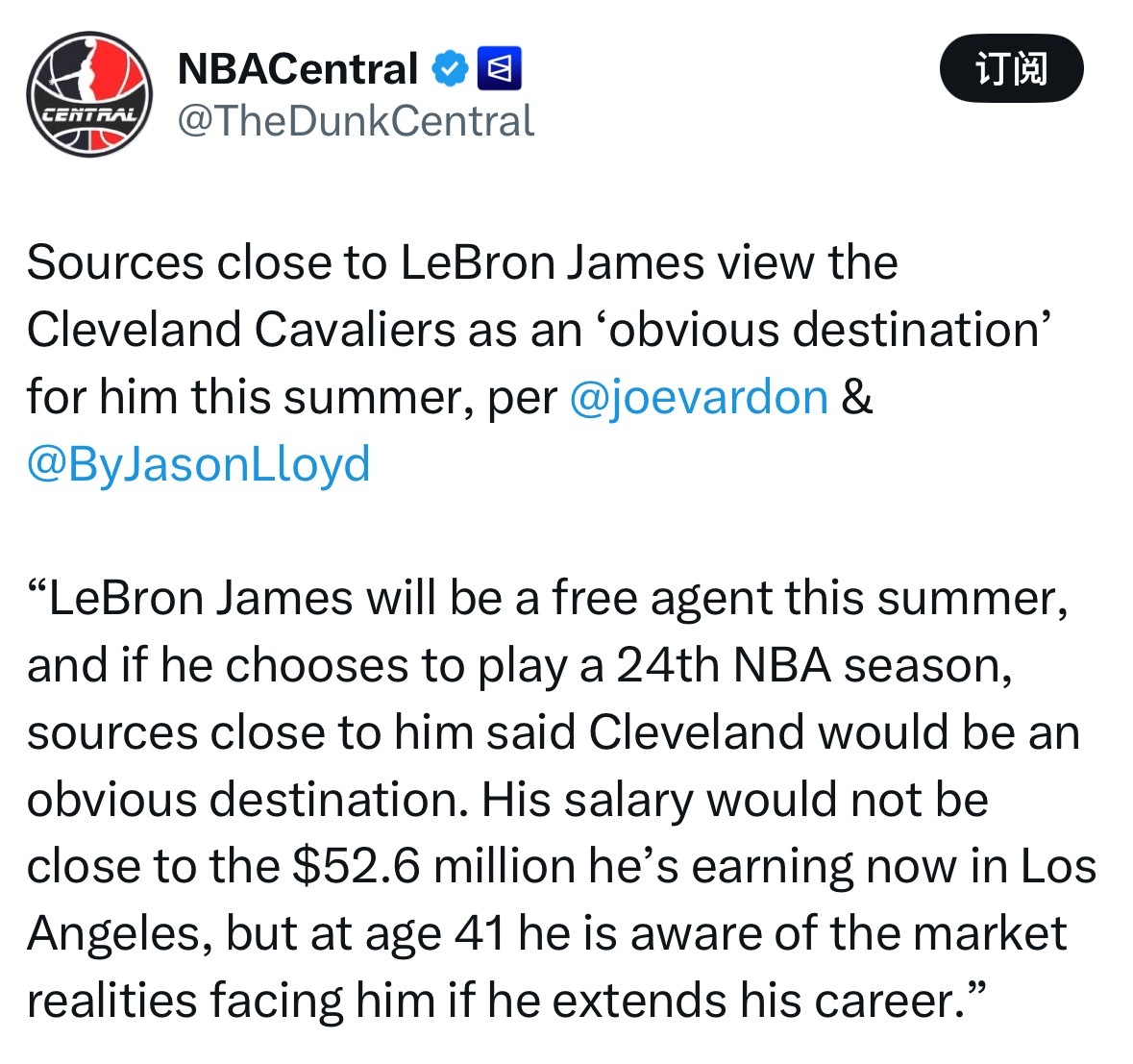TA 记者Joe Vardon：詹姆斯身边知情人士称，克利夫兰骑士队是他今夏的“