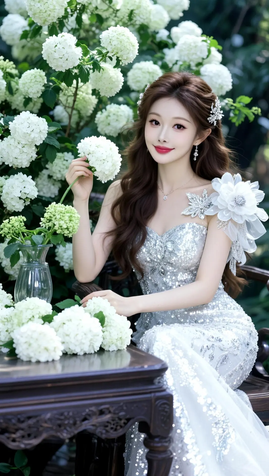 AI复古花卉写真 ai创作 鲜花少女妆造 ai白裙邂逅绣球 花丛白裙