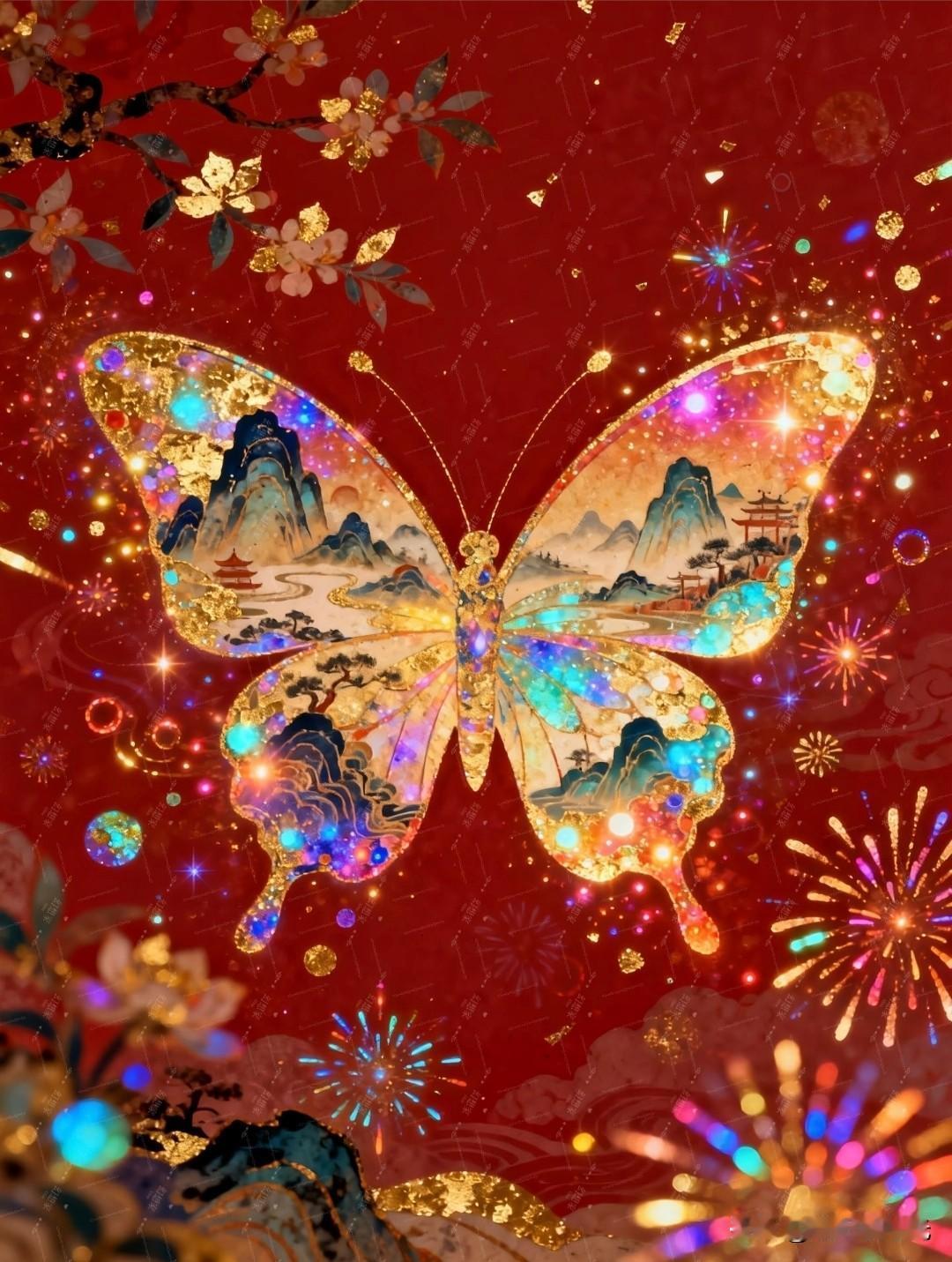 彩蝶携光舞，山河入画来。
幻想家AIina治愈系国风蝴蝶插画分享