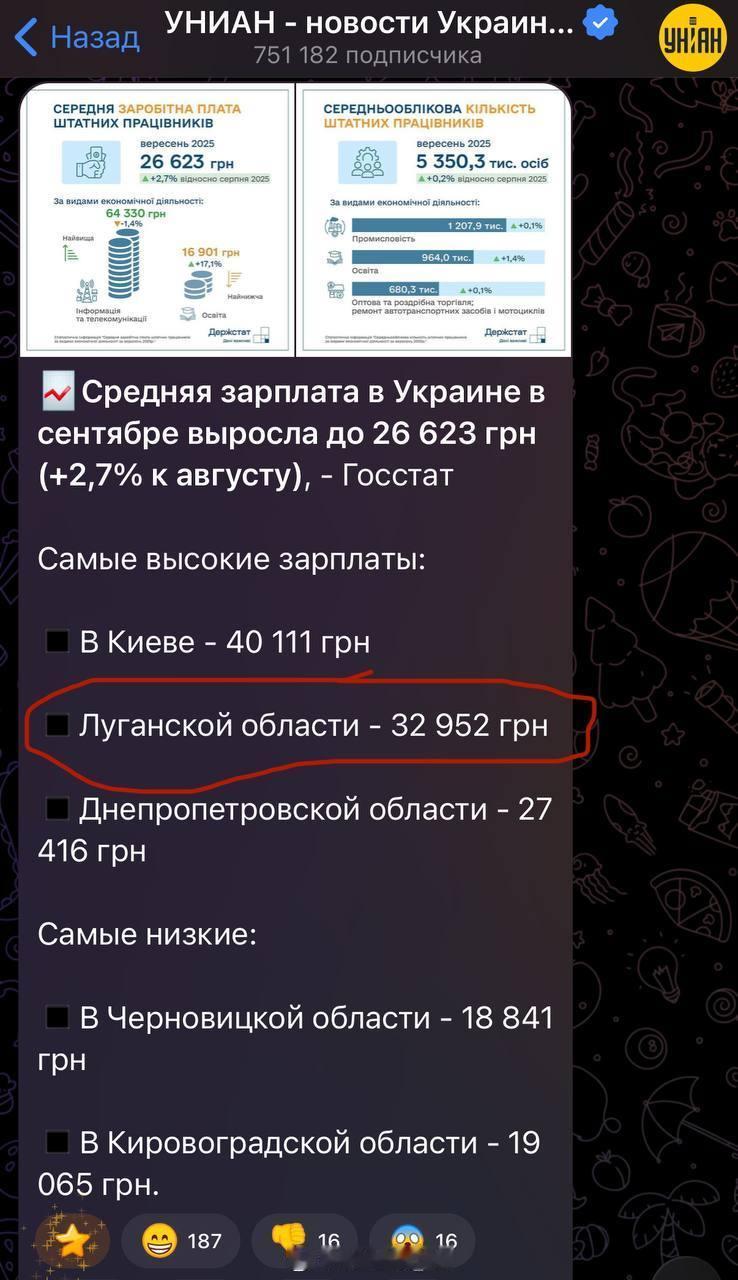 幽默乌克兰国家统计局在计算全国平均工资时把卢甘斯克州也算进去了，而且统计的卢州平