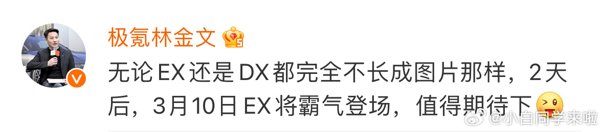 来的有点快啊，极氪 EX 车型将于 3 月 10 号正式亮相。新能源汽车大v聊车