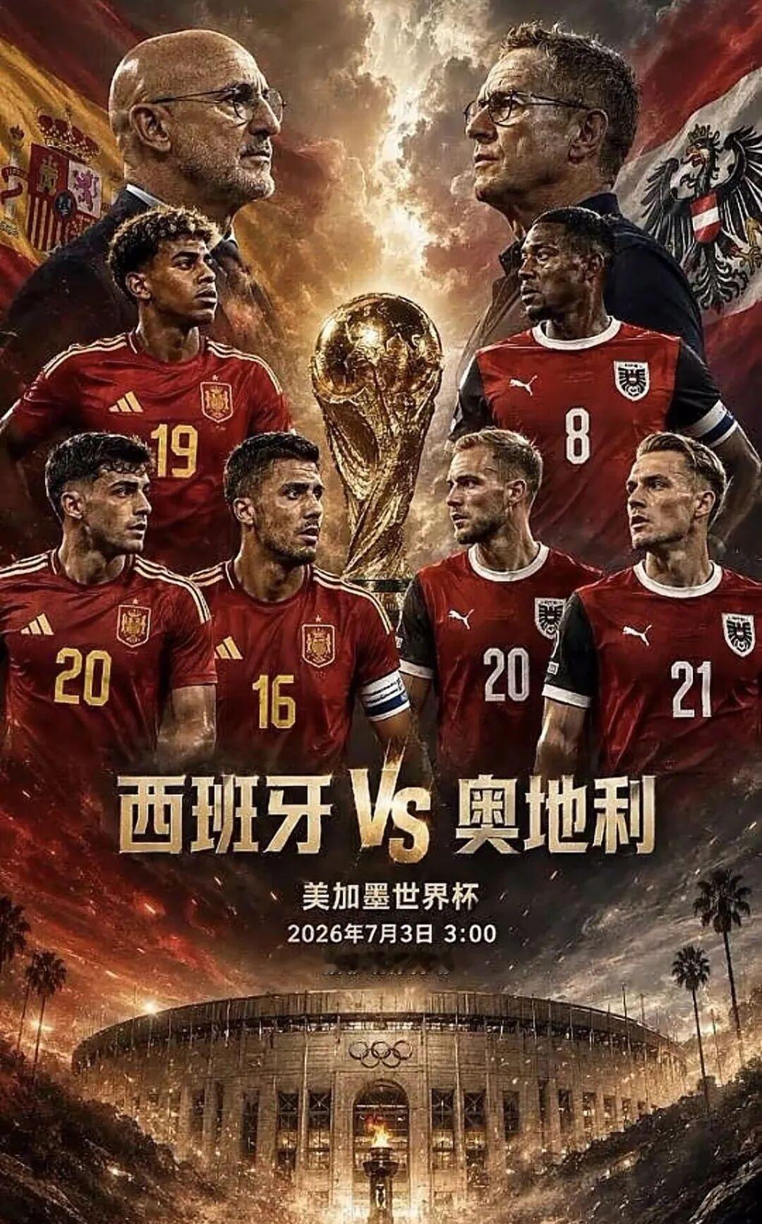 今天的首场世界杯1/16决赛，西班牙3-0击败奥地利队，取得34场各项赛事不败，