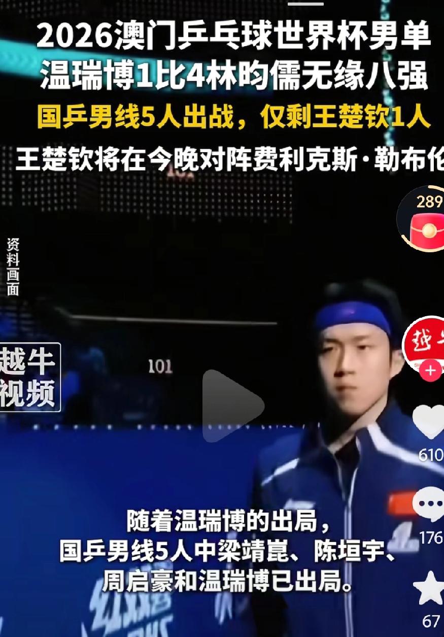 国乒男单只剩下了王楚钦，剩下的都出局了啊，国乒男队目前这样的实力，世乒赛真的有点