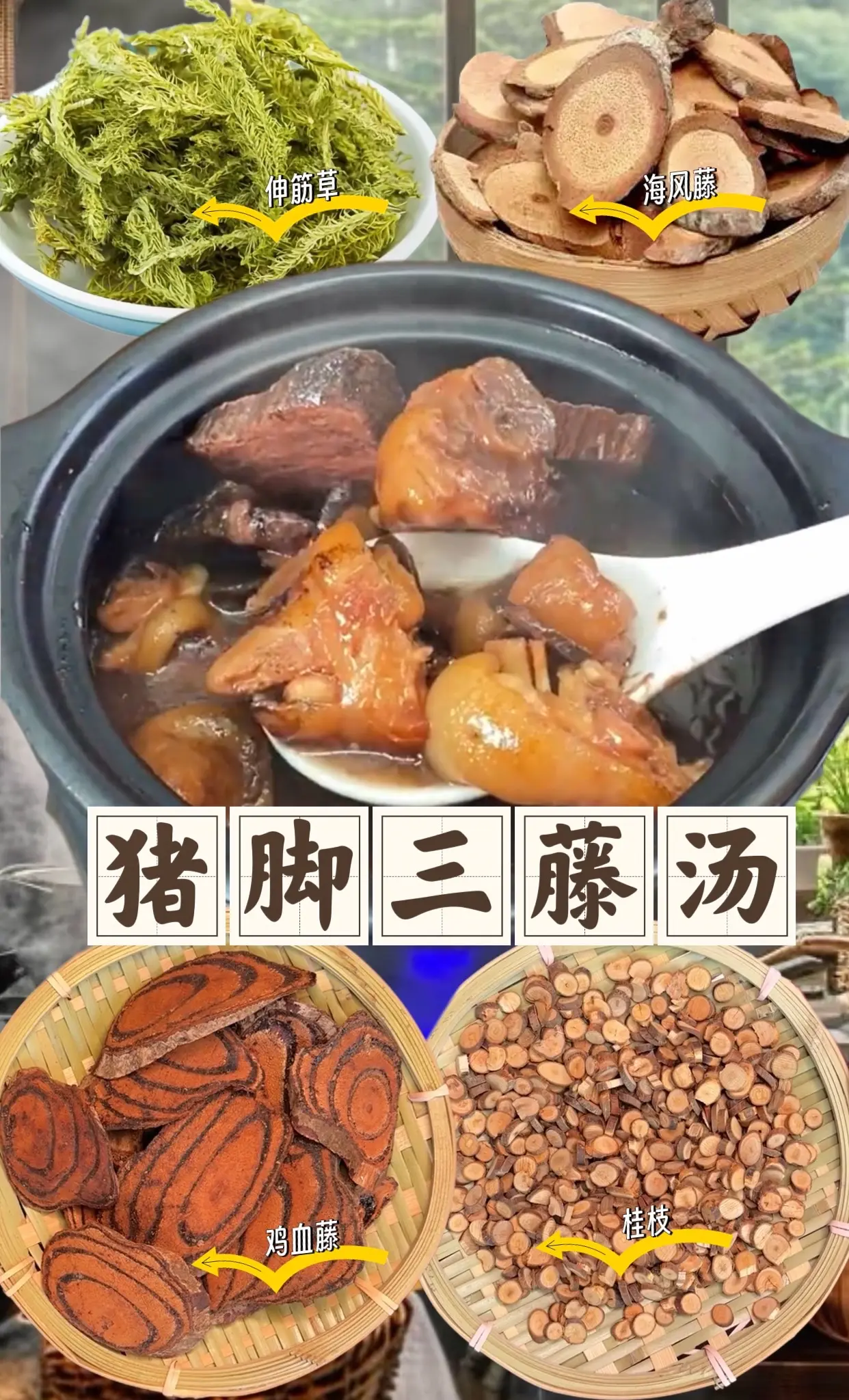 鸡血藤煲猪脚，慢火煲90分钟即可，这就是广东人天天爱煲汤的秘诀