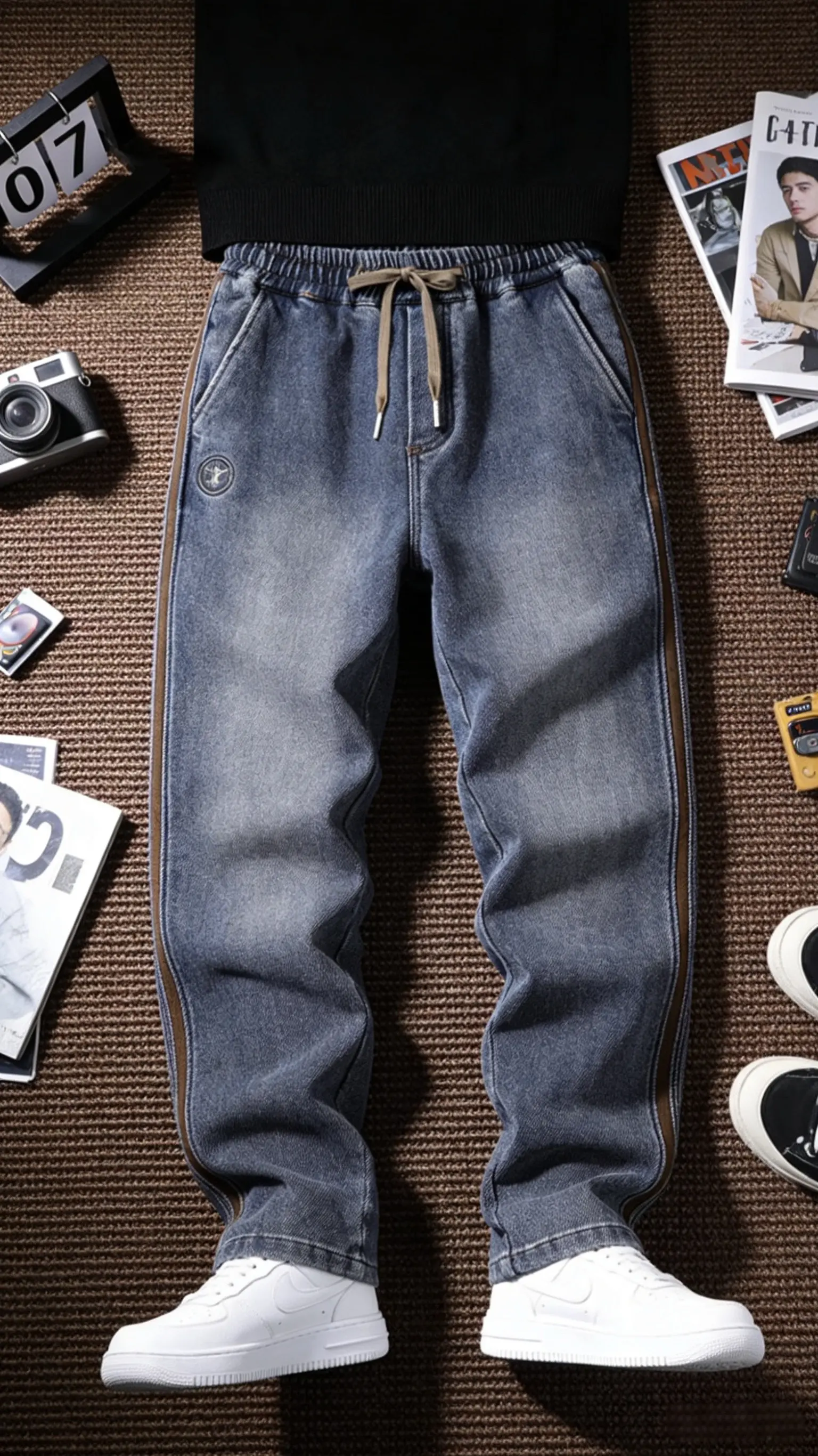 重磅休闲牛仔裤男春秋季新款潮牌高级感宽松直筒长裤条纹高街男裤